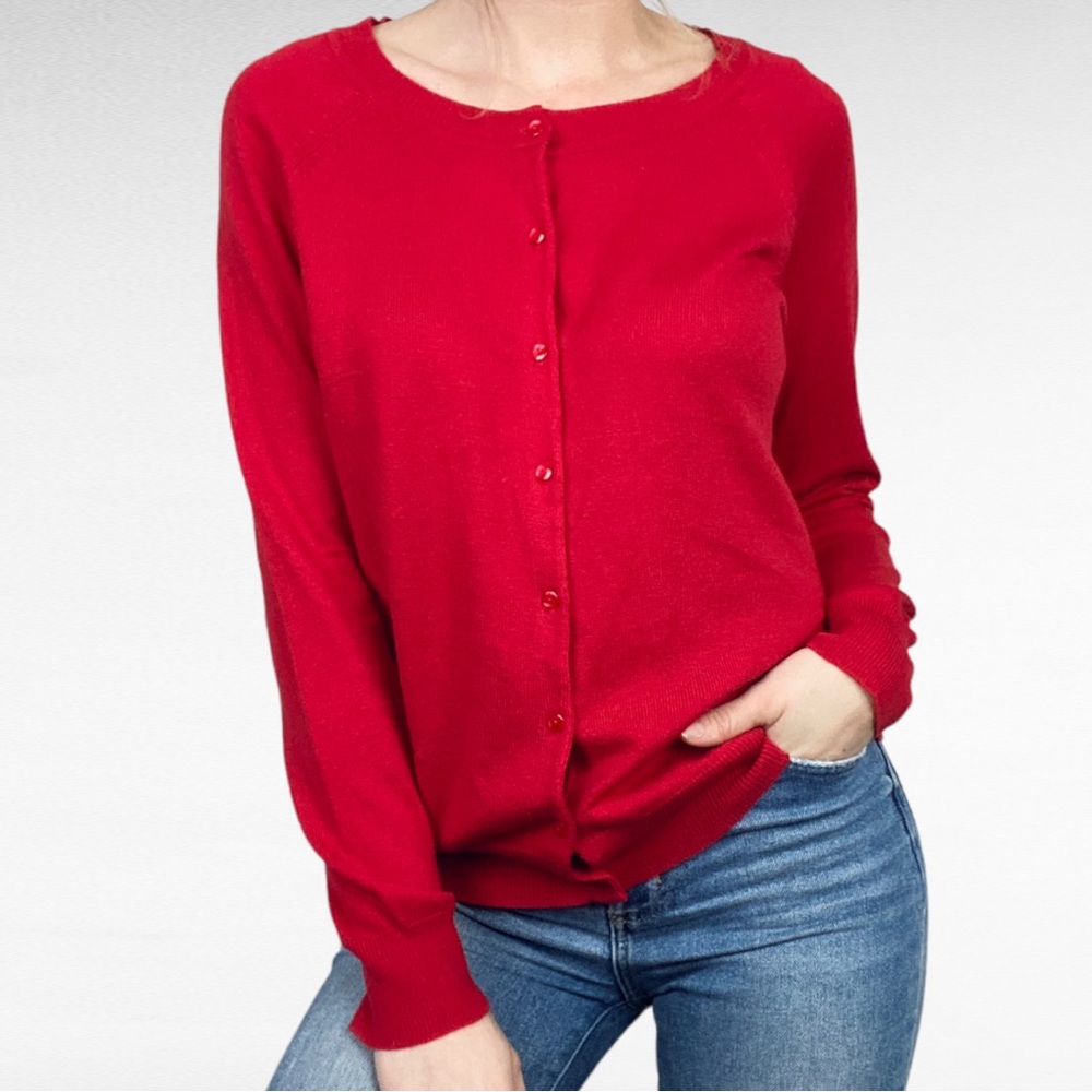 Mango | Red Classic Button Down Fitted Long Sleeve Cardigan Sweater w/Pockets